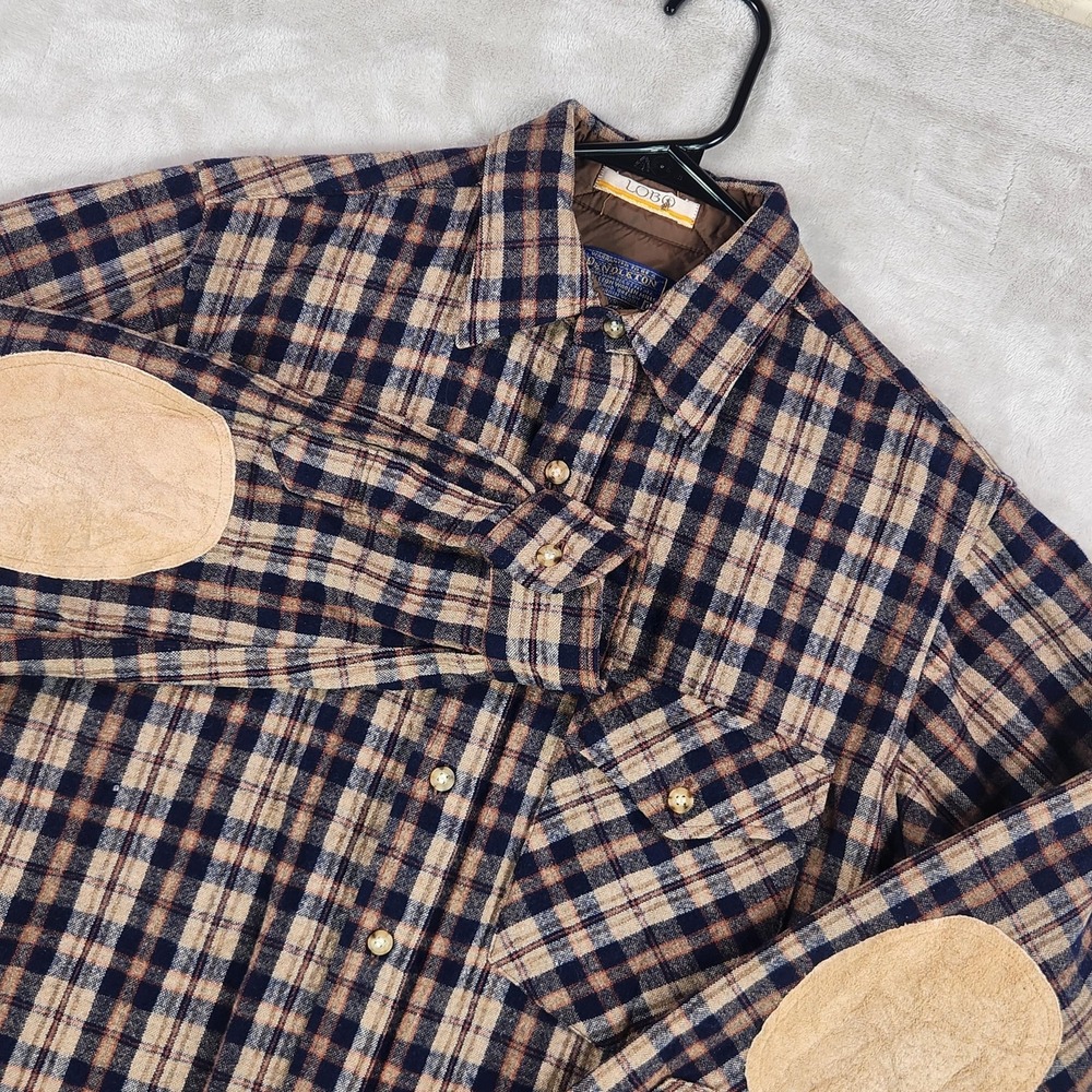 Vintage Pendleton Shirt Mens Medium Blue Plaid Wool Elbow Patch Made USA